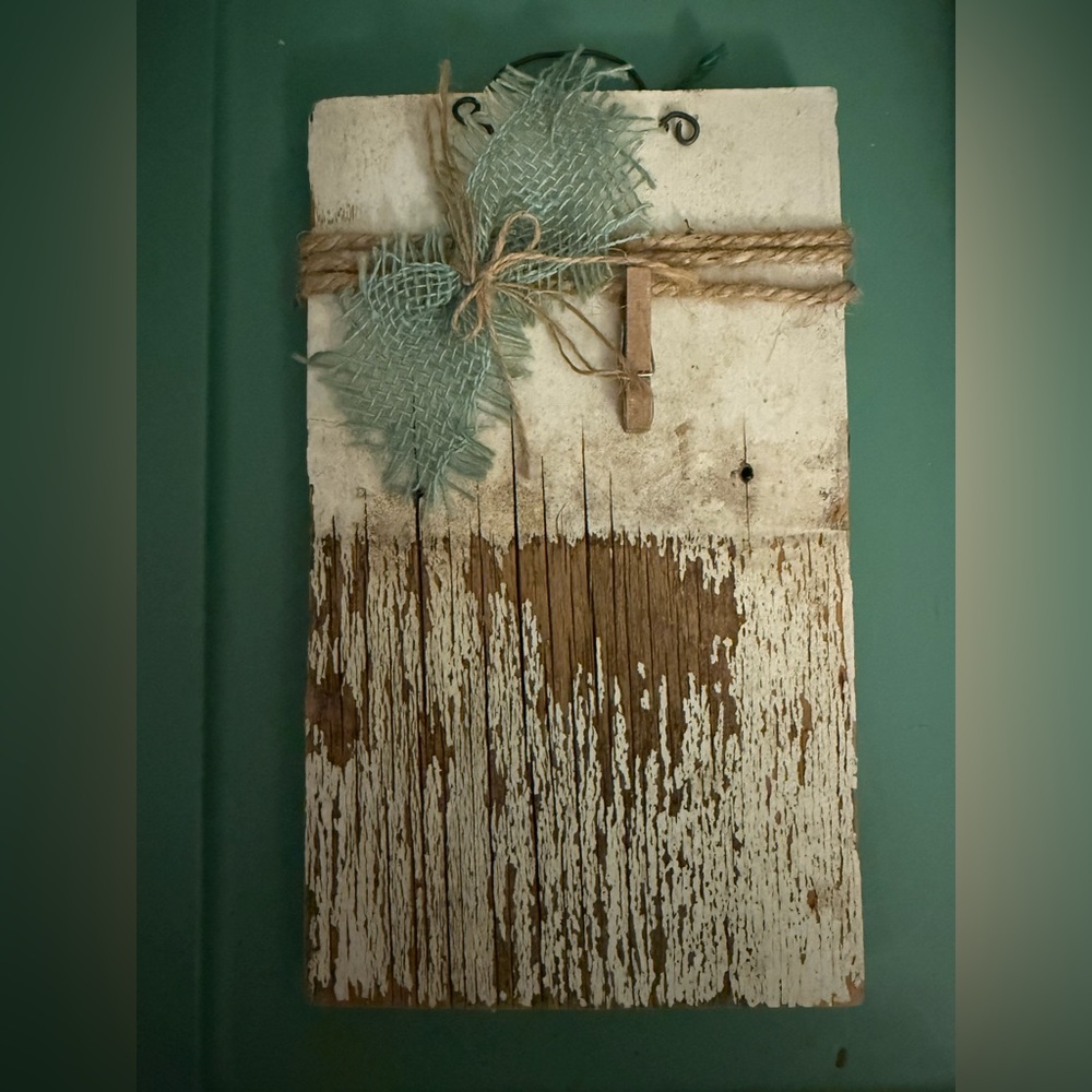 Rustic Wood Wall hanging with Burlap Accent for pictures recipes or tags. OSP